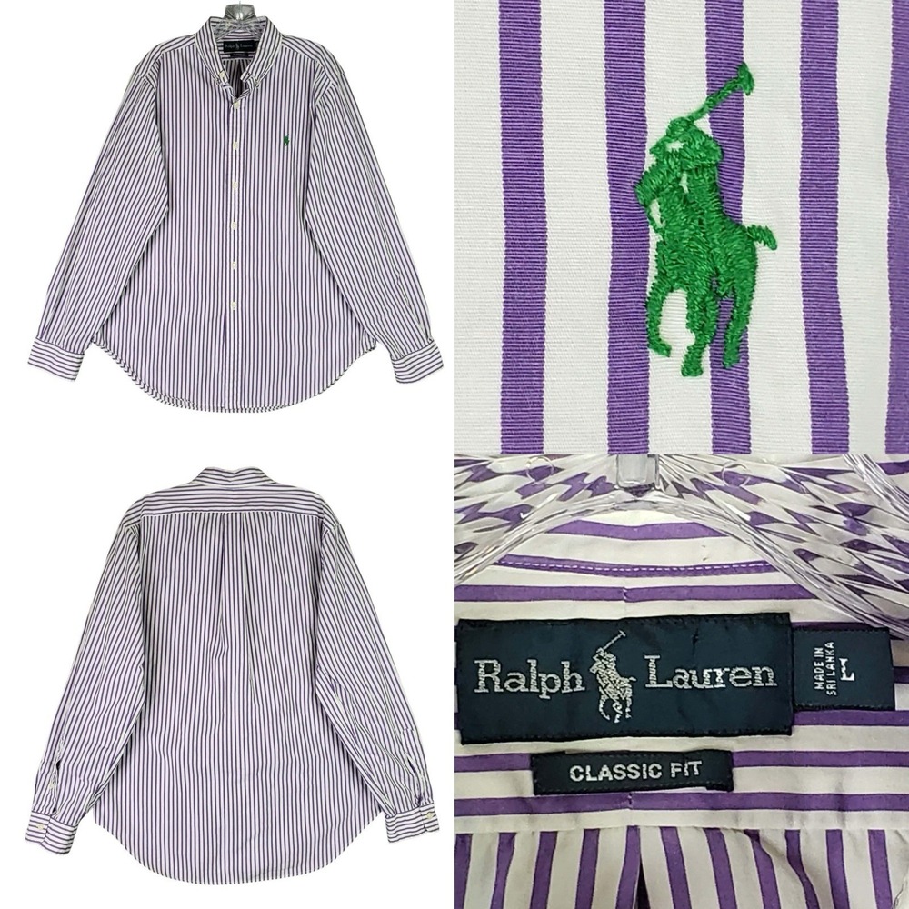 Polo Ralph Lauren Shirt Oxford Men's Size Large L LS Button Down Purple Striped
